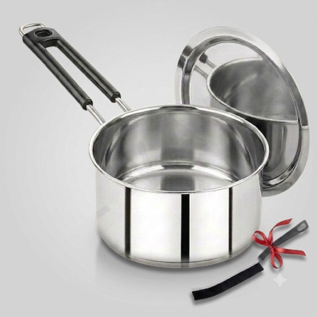 alwafli Steel Flat Milk Pan/Tapeli/Patila/Tea Maker Water with Handle+Gap Brush (Free) Milk Pan 15 cm diameter with Lid 1 L capacity-picture-11