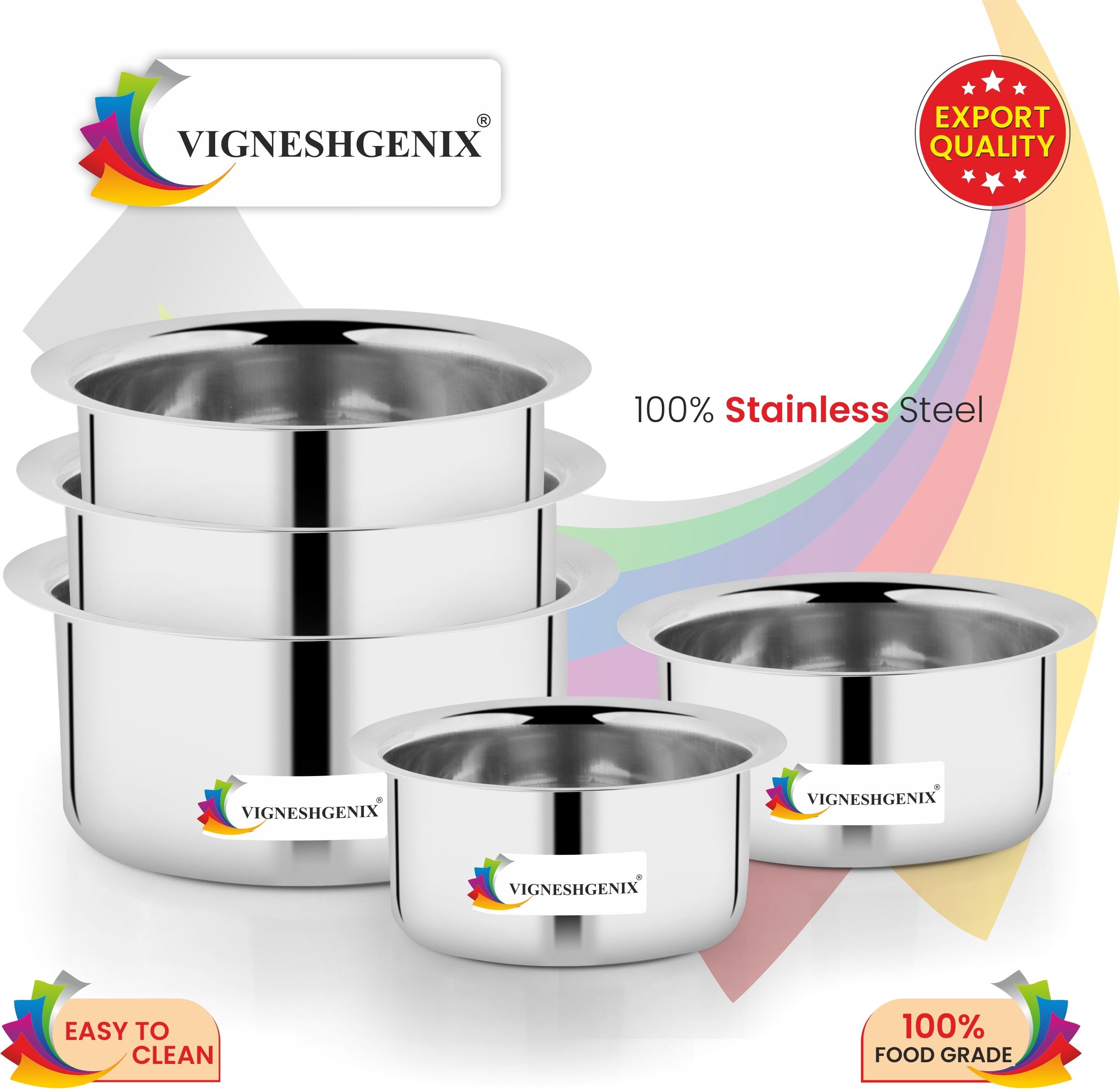 mkiu Pack of 5 Stainless Steel Stainless Steel Multi-Purpose Kitchen Tope / Patila Set of 5 Dinner Set-picture-13