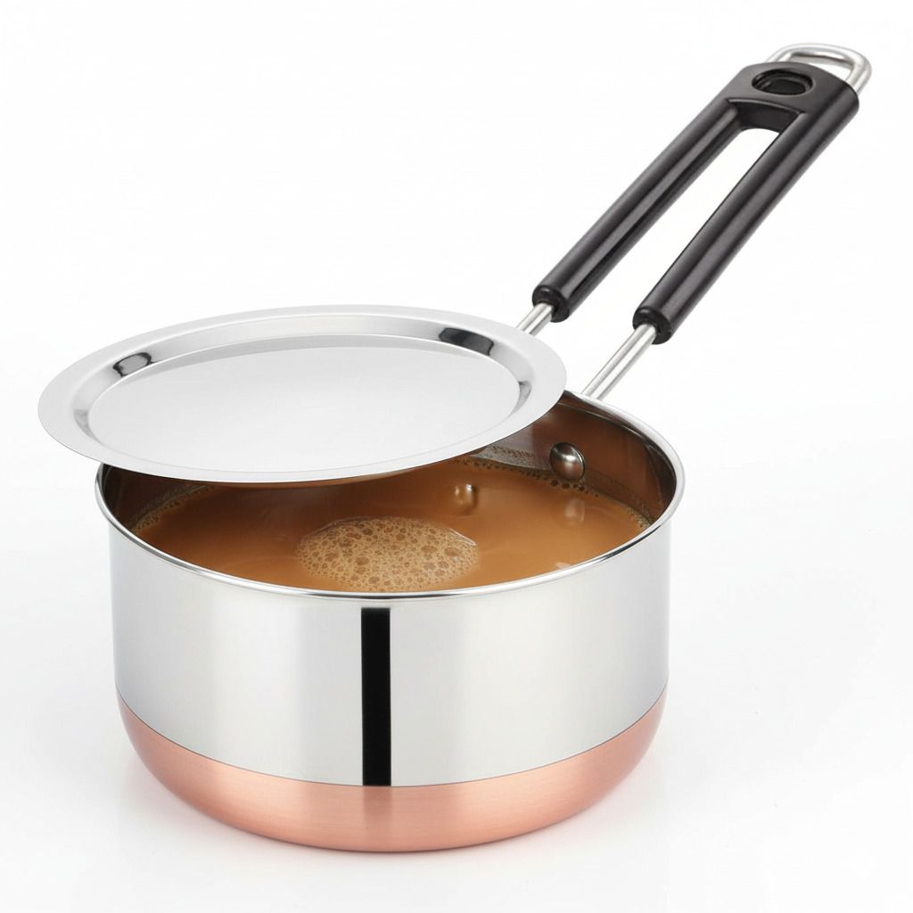 Copper Bottom Milk Pan/Tea Pan/Tapeli/Patila/Bhagona with Handle & Lid Sauce Pan 15 cm diameter with Lid 1.5 L capacity-image-24
