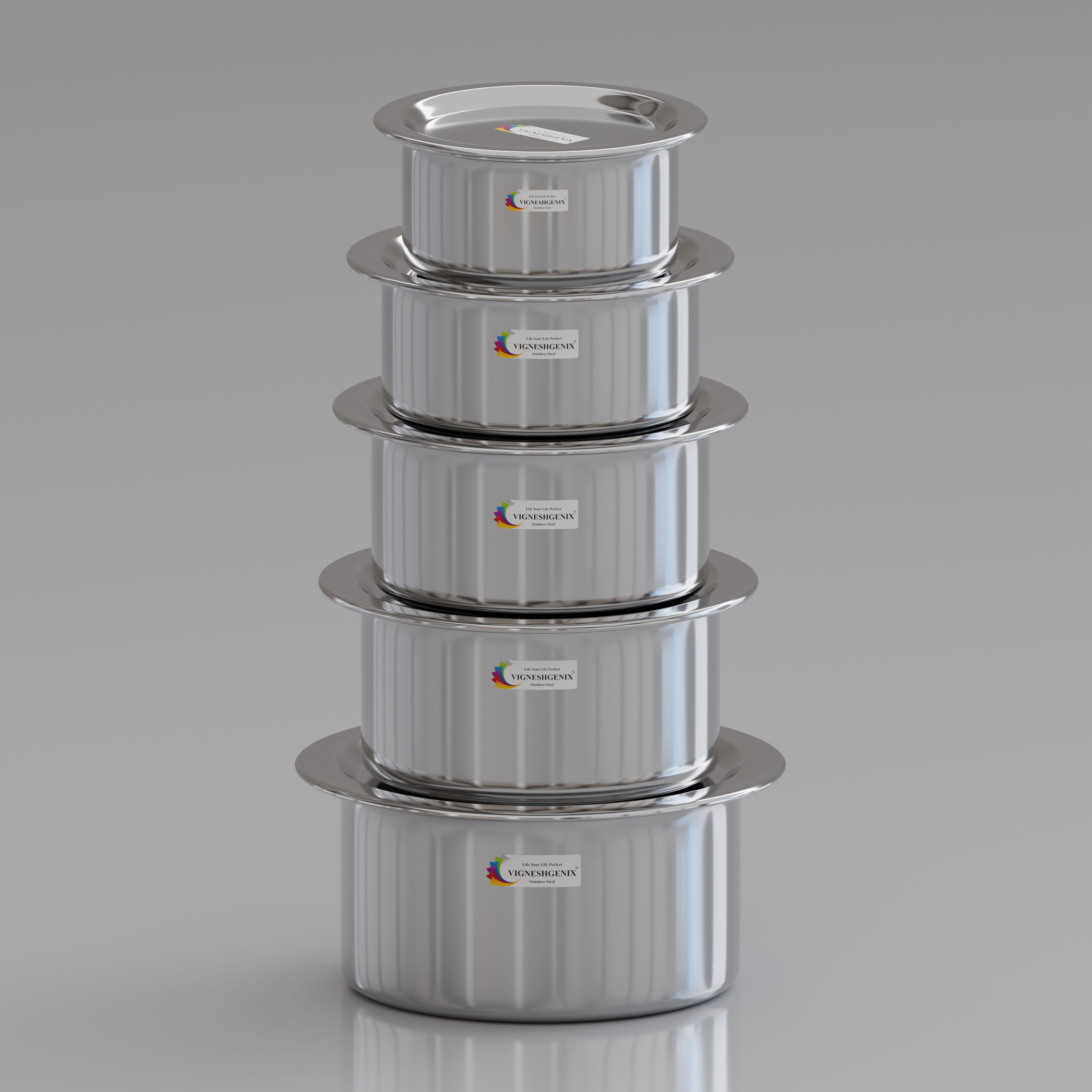 Stainless Steel Friendly Tope/patila/cookware With Lids, 7.48031 inch, 6.69291 inch, 6.29921 inch, 5.90551 inch, 5.11811 inch Lid Set, Pack of 5