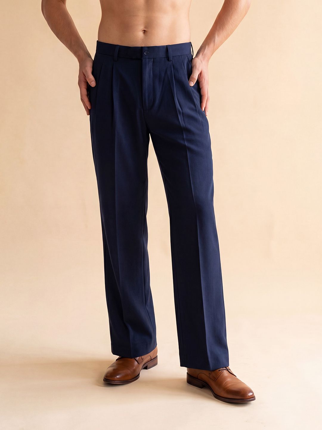 Ethnic Bay Men Blue Modal Relaxed Straight Fit Pleated Trousers Men Pyjama-image-4