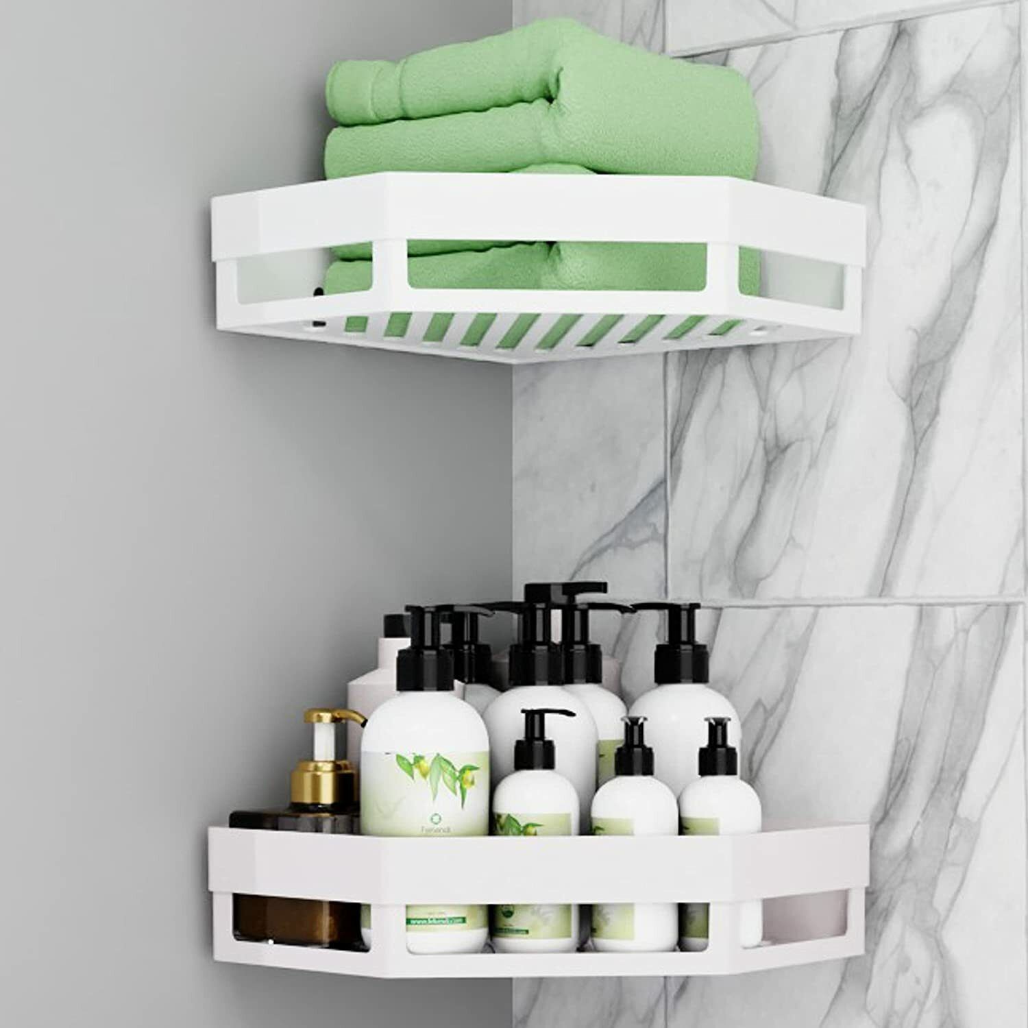 2 Storage Rack Bathroom Organiser Rack Adhesive Sticker Bathroom Corner Plastic Wall Shelf-image-43