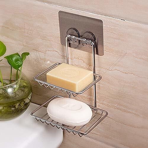 Double Layer Stainless Steel Soap Dish Storage Organizer Holder Self-Adhesive Waterproof Kitchen Bathroom Soaps Wall Rack Stand for washbasin no Drill Space Saver soap Holder Self For Home Stainless Steel Wall Shelf