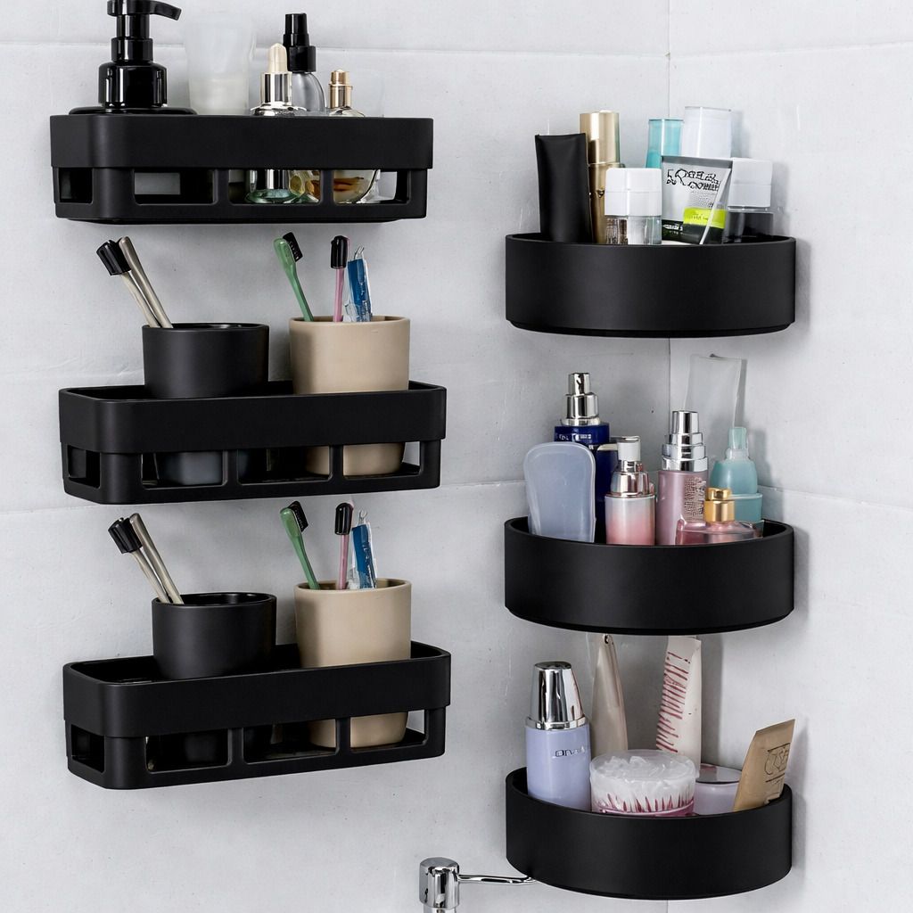 6PCS Black Bathroom Wall Shelves|Wall Mounted Storage Rack &Corner Organizer Set Plastic Wall Shelf