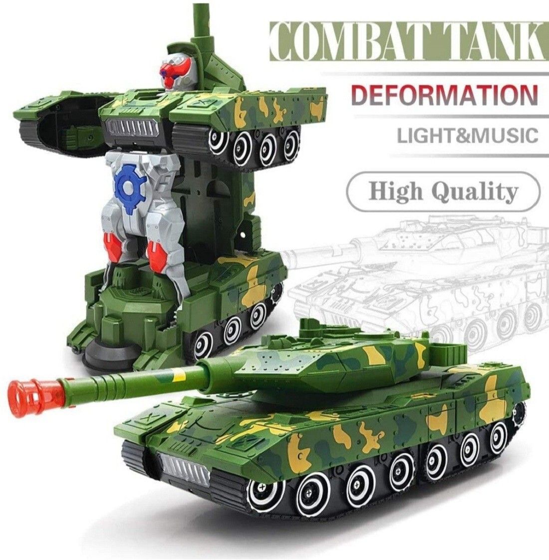 Army Combat Tank Transforming Robot Toy for Kids / LED Light / Music / Bump Function-image-3