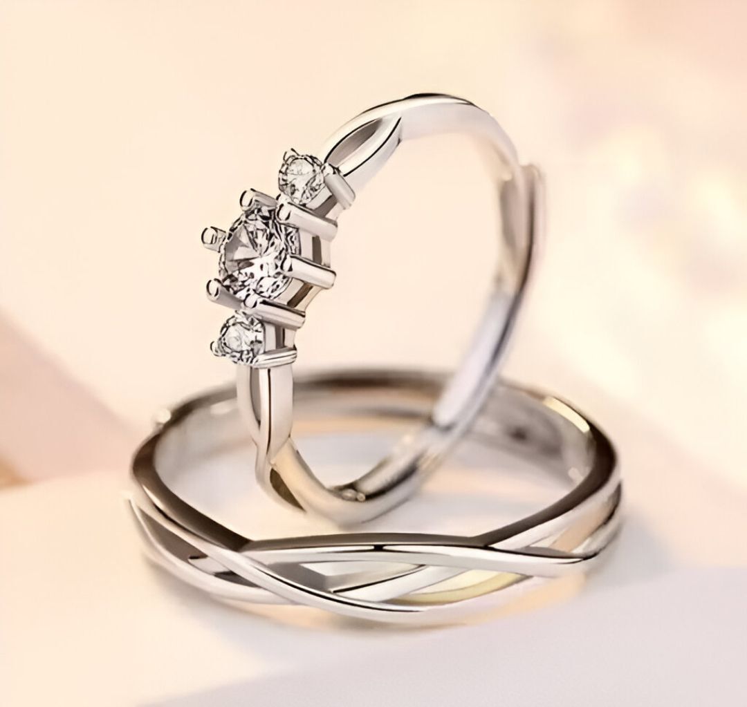 shineaura Couple Rings Silver Adjustable | Stylish Promise Ring Set for Men & Women. Stainless Steel Cubic Zirconia Silver Plated Ring Set-picture-0