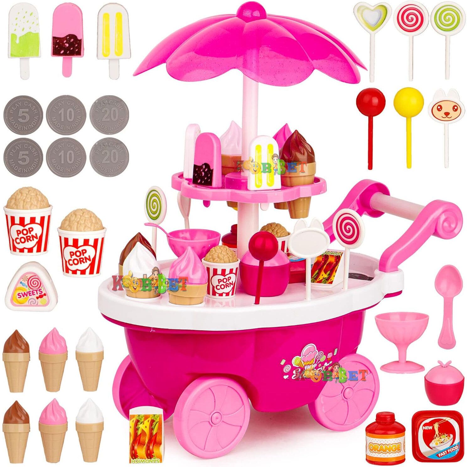 Ice-Cream Trolley Set with Pretend Role Play Candy Shopping Cart Learning Toys-image-17