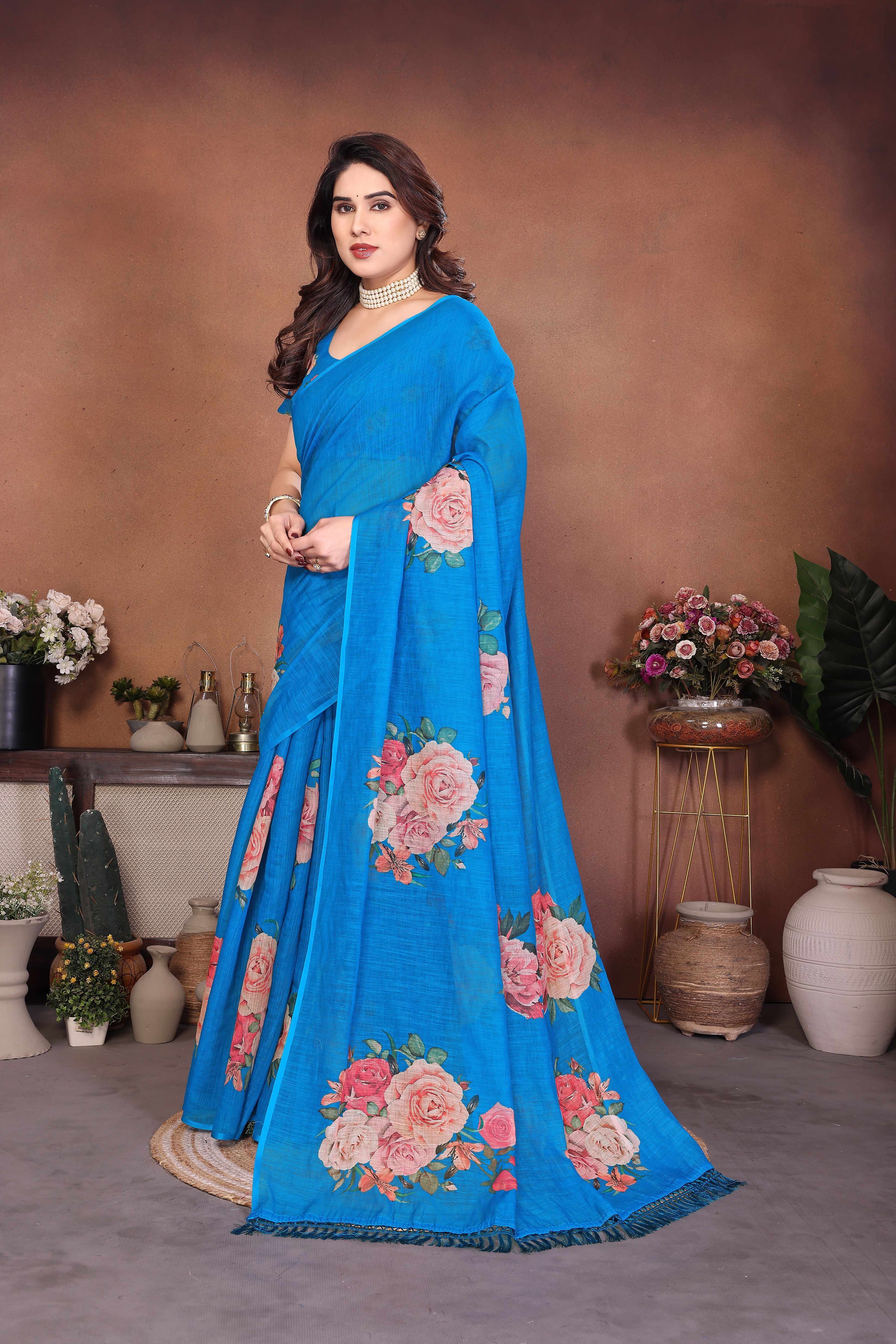 jishaa Floral Print Bollywood Linen Saree-picture-19