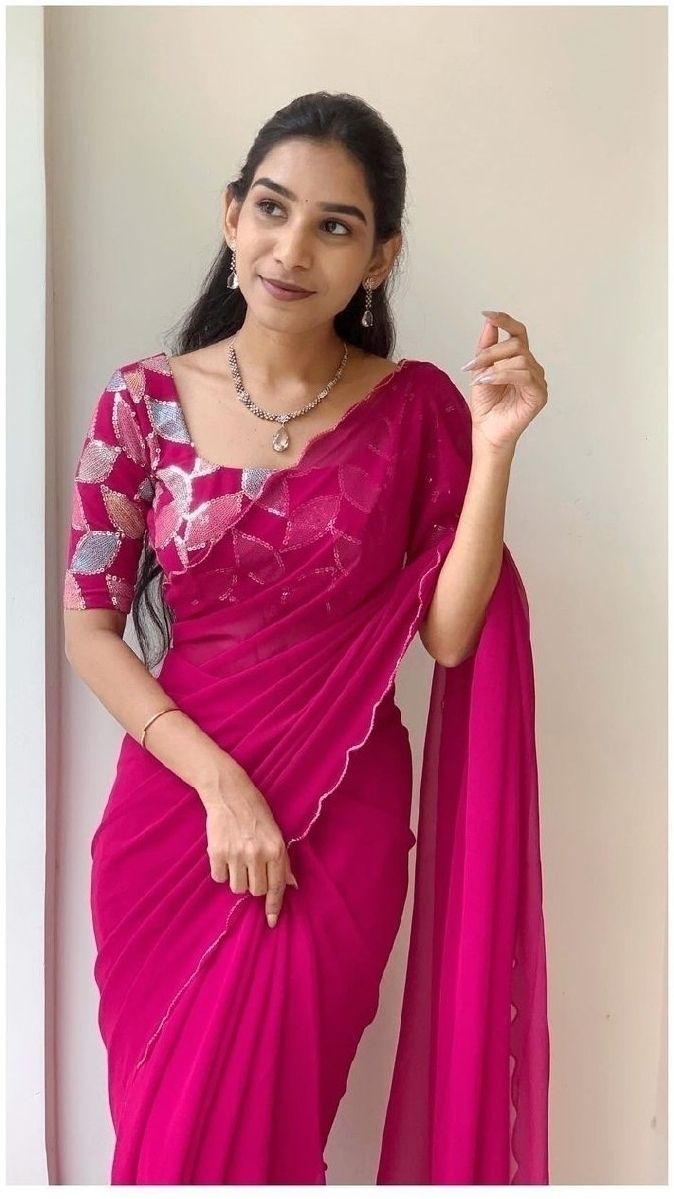 Solid/Plain Bollywood Georgette, Silk Blend Saree-image-42