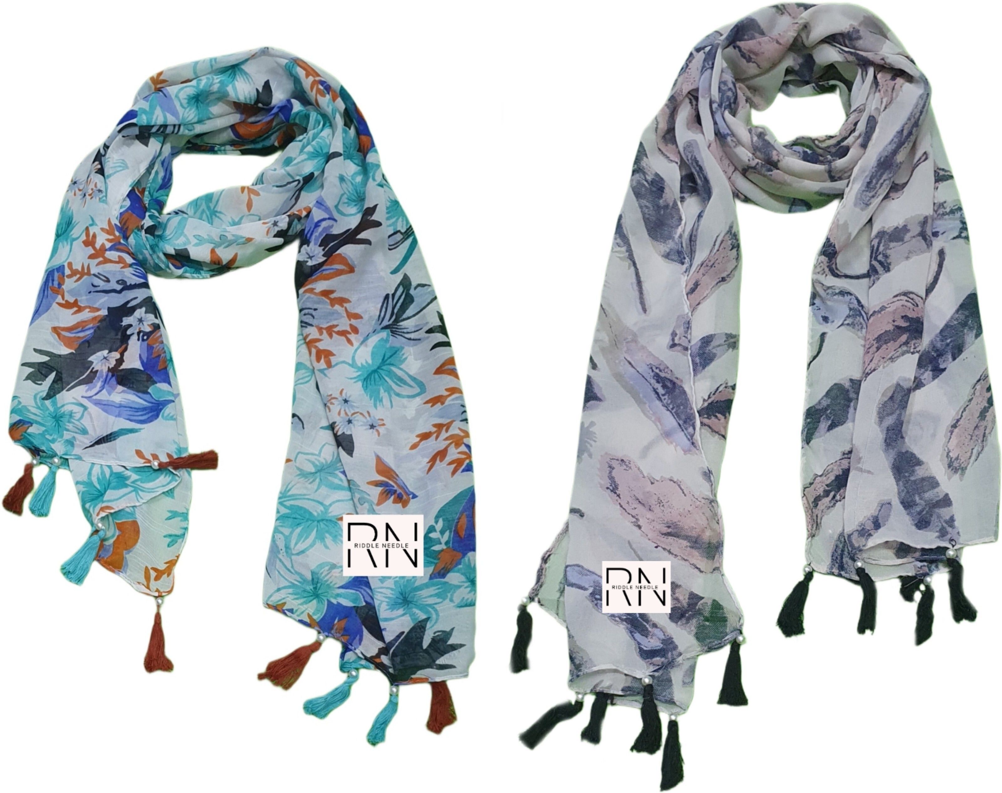 riddle needle Floral Print Chiffon Women Blue Fancy Scarf-picture-24