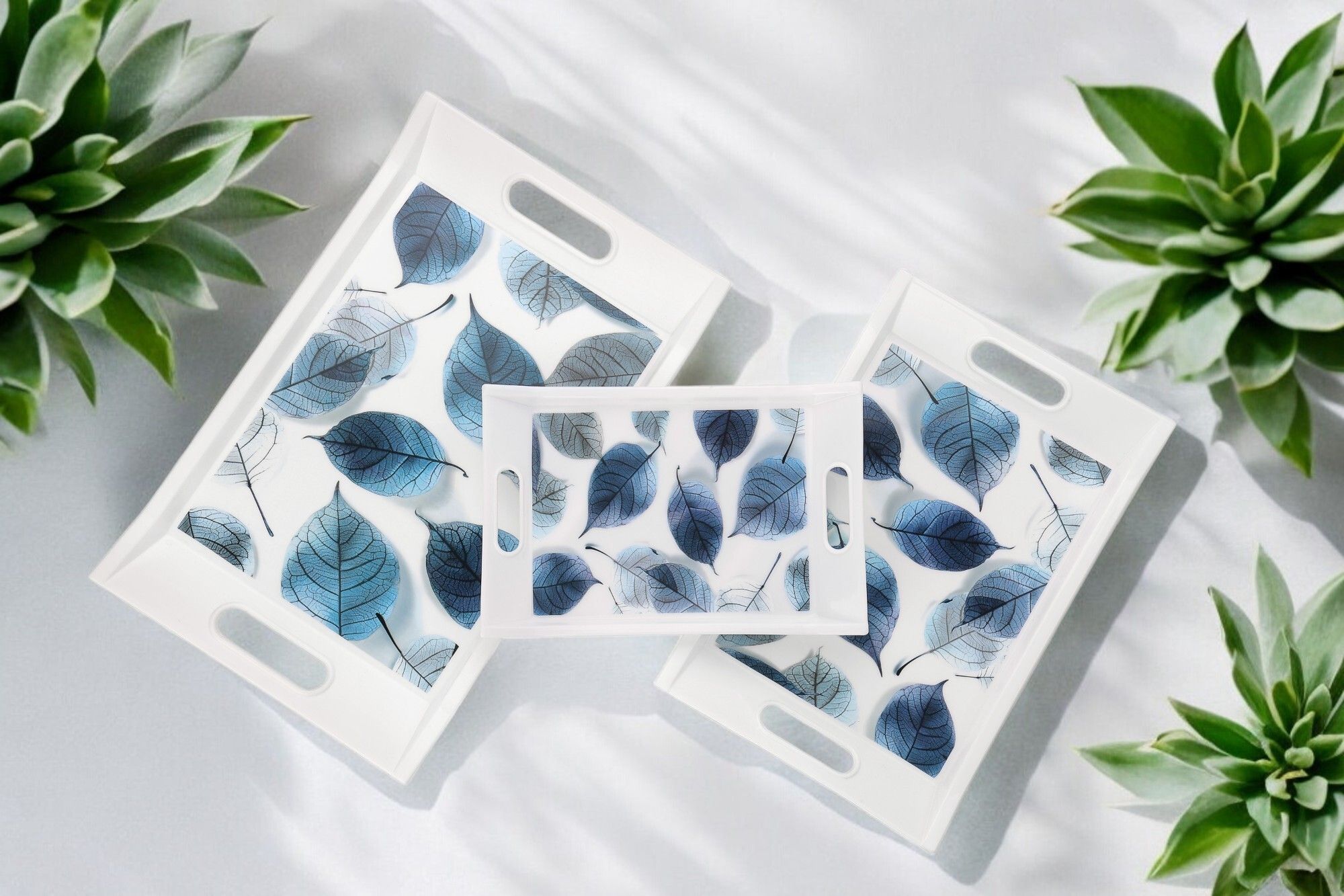 trendingkitchen Leaf Printed Rectangular Serving Tray with Handle for Serving Tea & etc Tray-picture-13