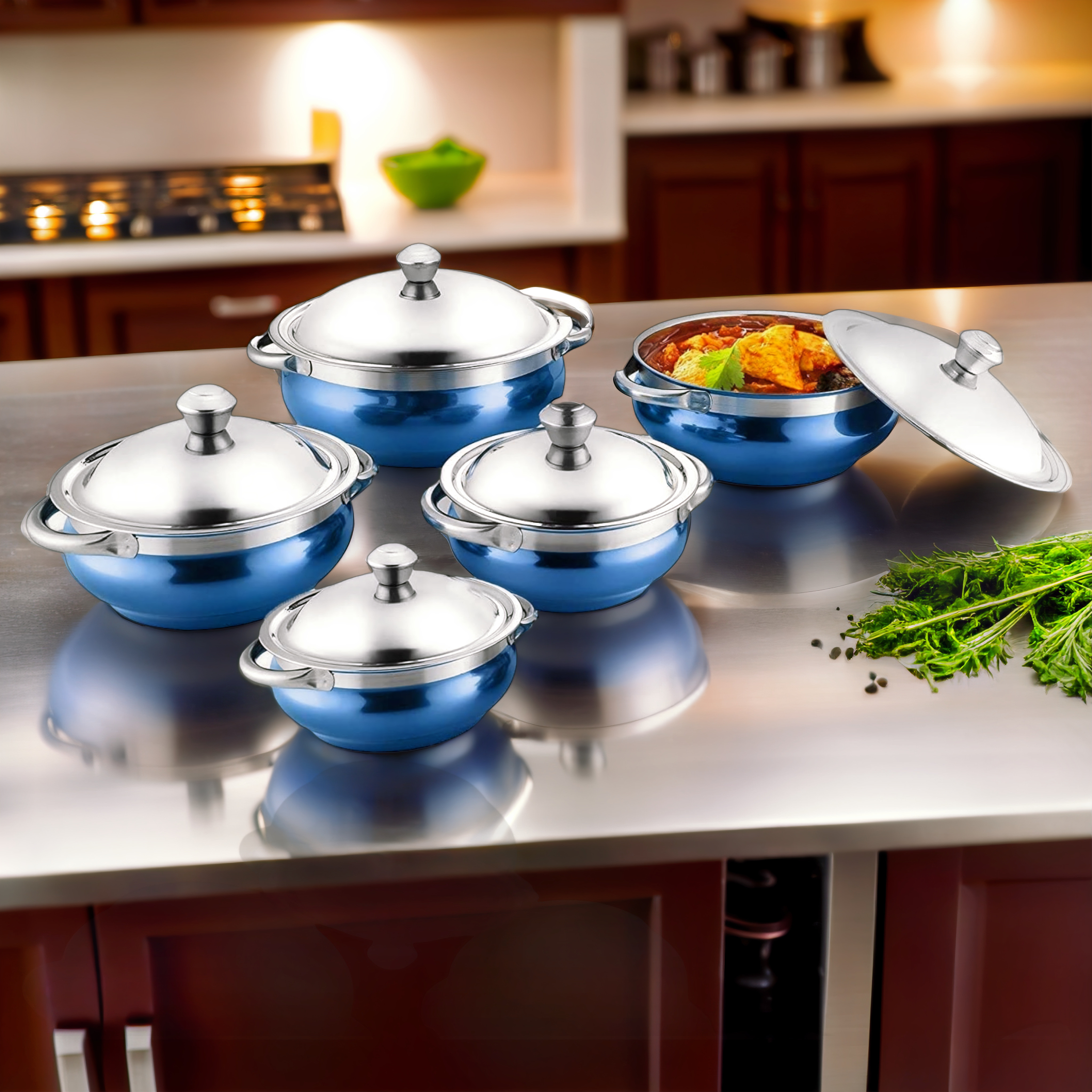 MY STORE Steel Serveware Set - 5-Piece Serving Bowl Set with Lids and Gloss Finish Bowl Serving Set image 1