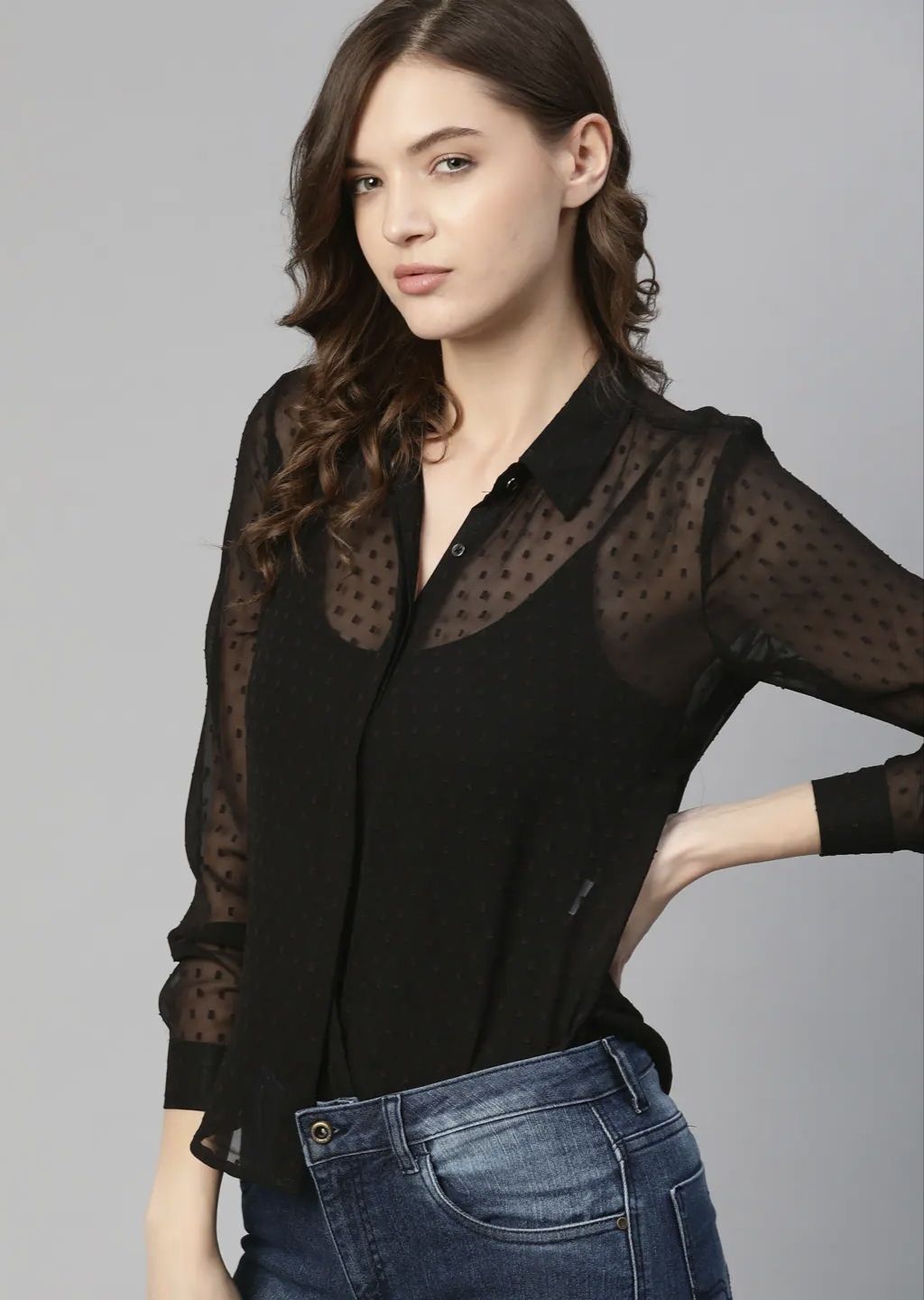 Women Regular Fit Self Design Button Down Collar Casual Shirt