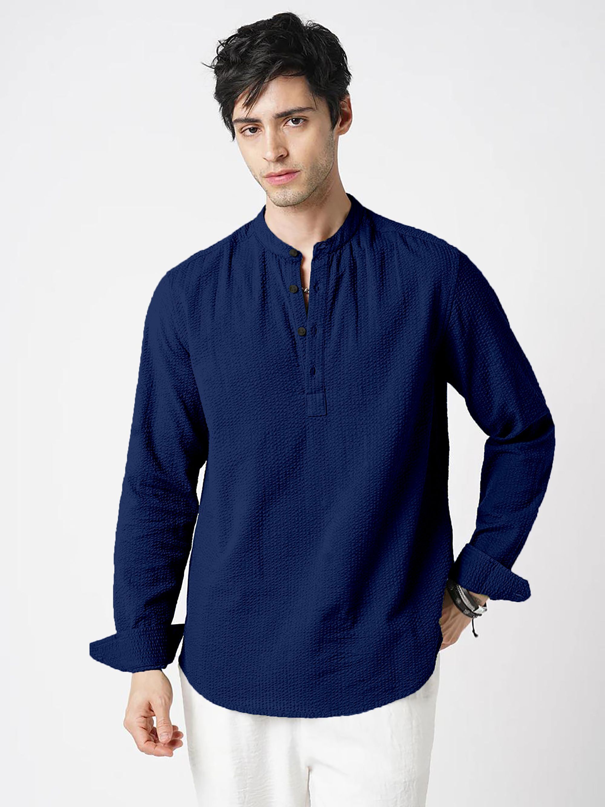 combraided Men Regular Fit Self Design Mandarin Collar Casual Shirt-picture-30