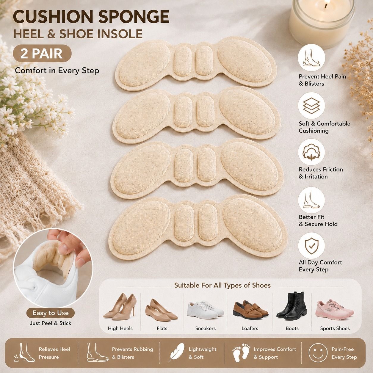 krishnaya Ultra Soft Cushion Sponge Heel Pads for Shoes Comfort Inserts (Pack of 2) Form Heel Accessories Regular Shoe Insole-picture-19