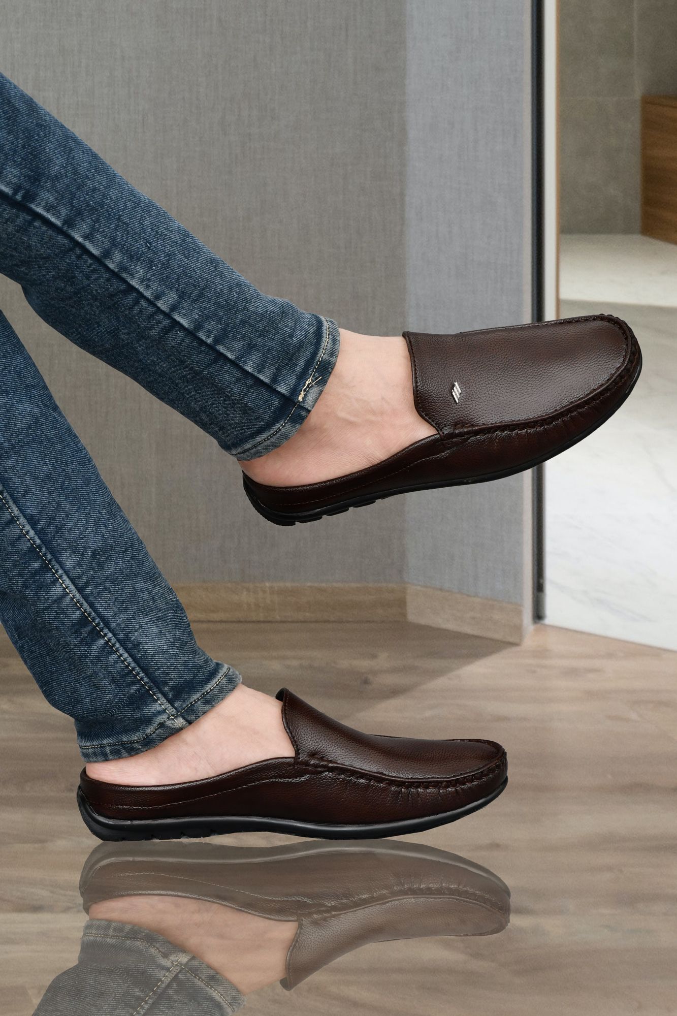 asttelli Brown Synthetic Leather Open Back Half Shoes Slip-On Casual Office Wear Loafers Mocassin For Men-picture-10