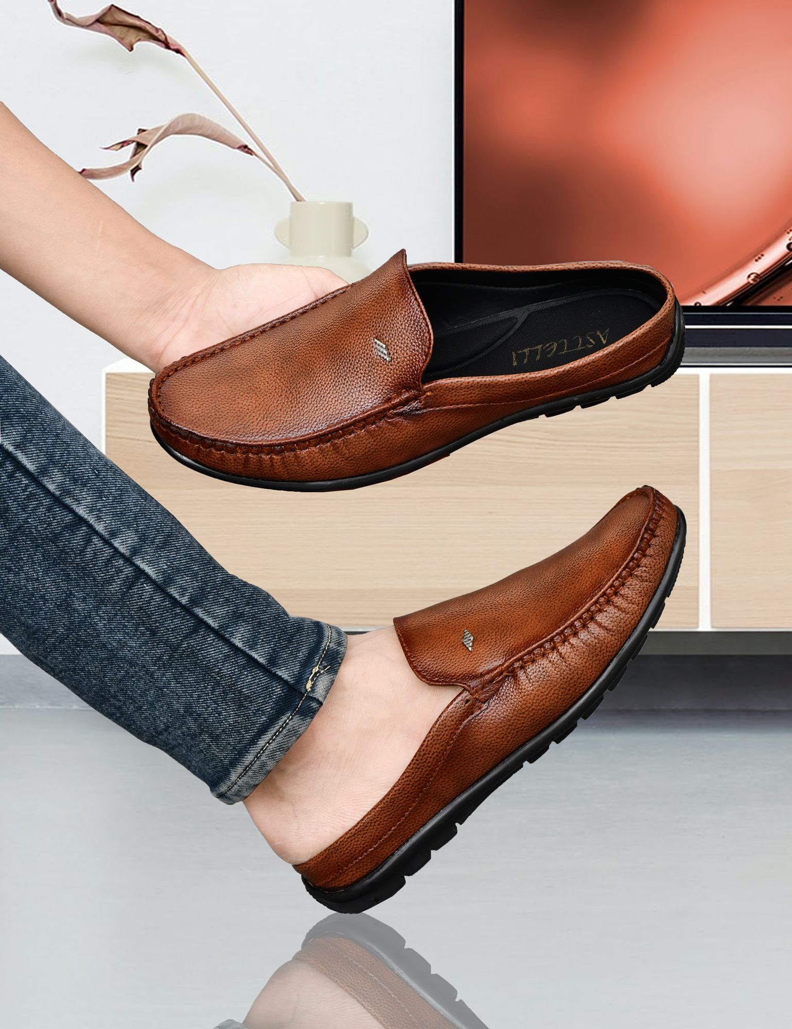 asttelli Tan Synthetic Leather Open Back Half Shoes Slip-On Casual Office Wear Loafers Mocassin For Men-picture-18