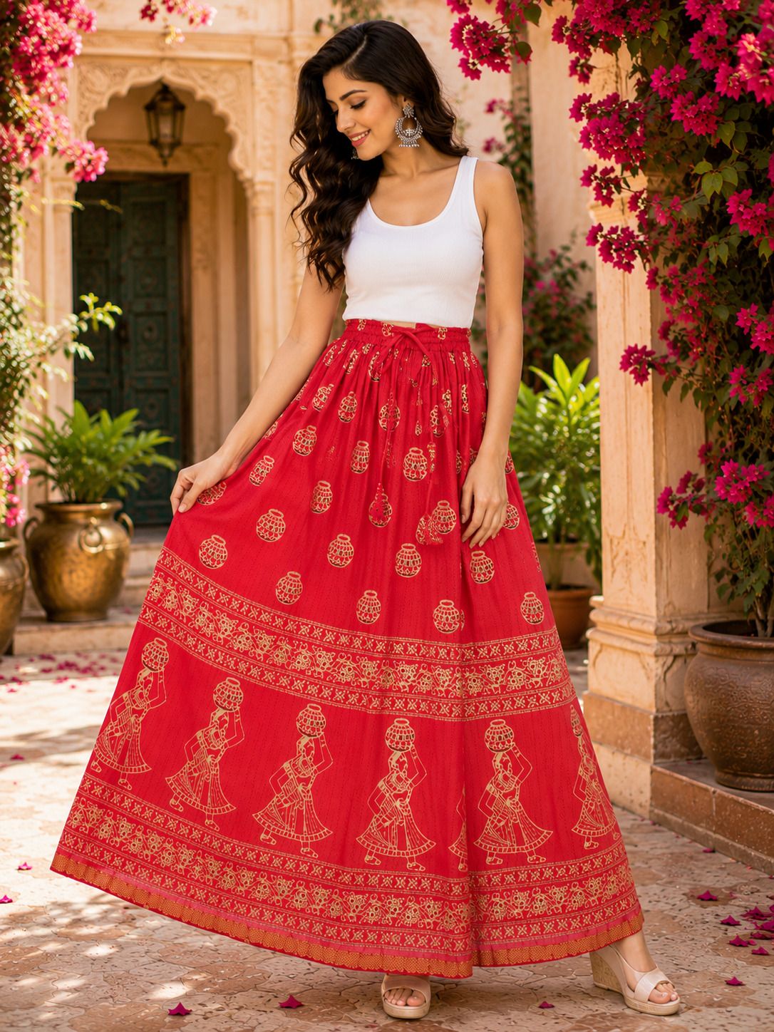 rangsthali Women Printed Flared Red Skirt-picture-28