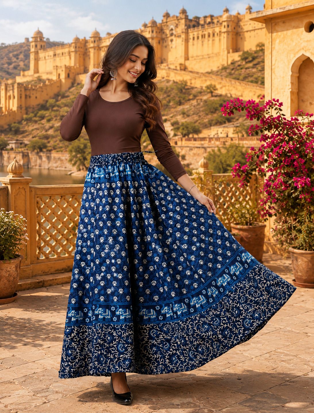 ruhvera Women Printed Flared Blue Skirt-picture-47