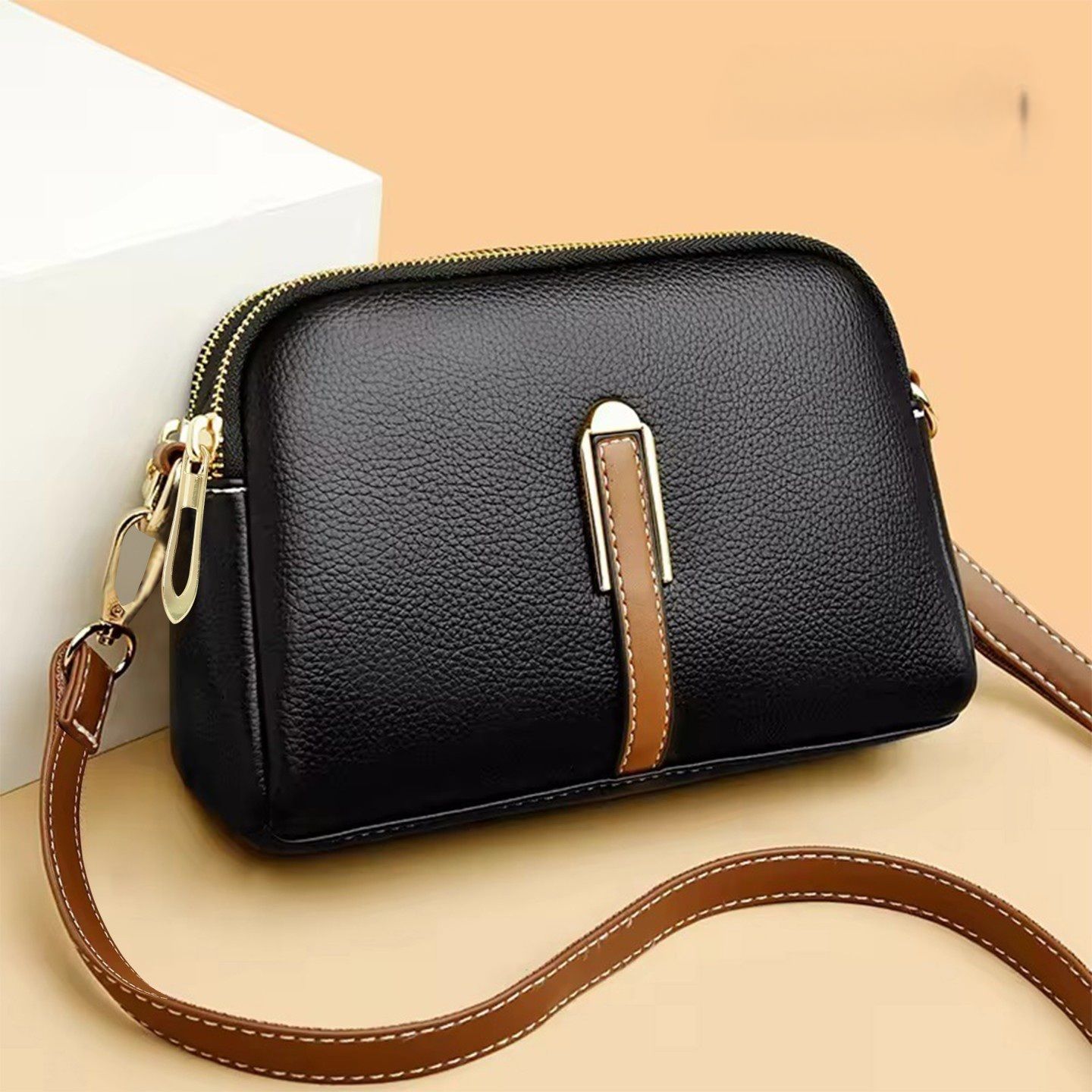 Black Women Sling Bag The LuxeGrain Adjustable Sling - Premium PU Leather with Dual Zipper Compartment-image-18