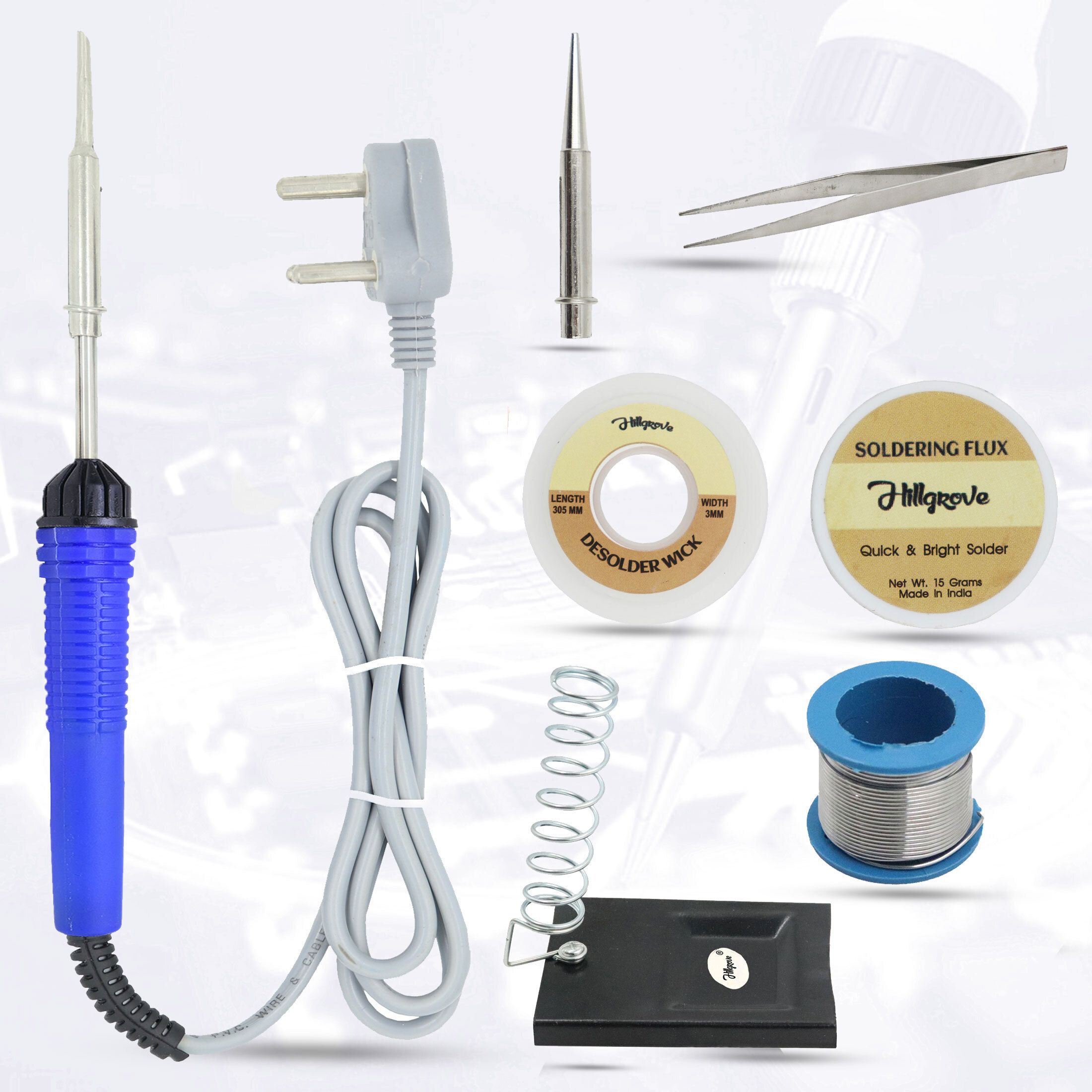 7in1 25W Soldering Iron Kit | 5 Meter Soldering Wire | Pointed Bit | Soldering Flux | Stand | Wick | Tweezer 25 W Simple