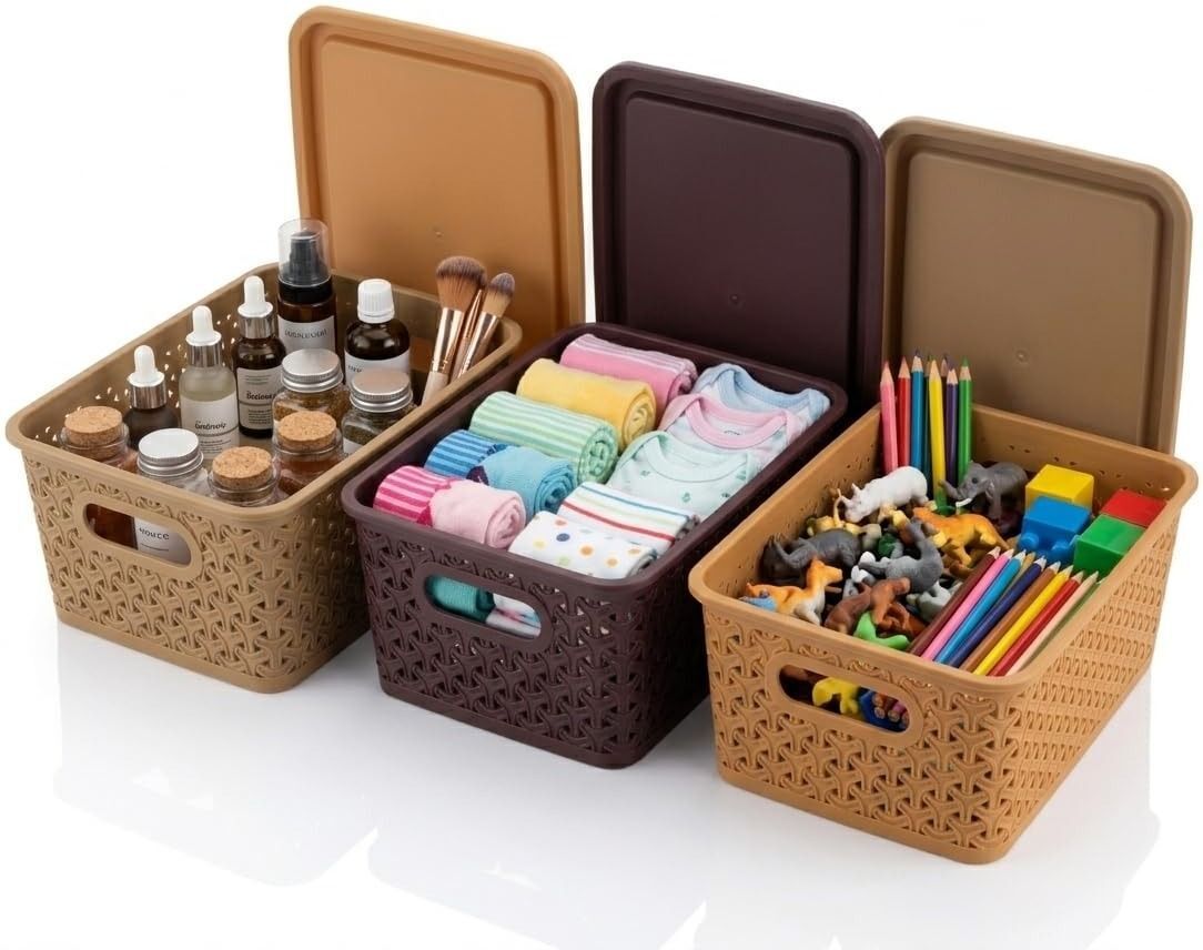 Storage Basket with Lid Set of 3 Plastic Organizer for Home and Office Storage Box-image-5