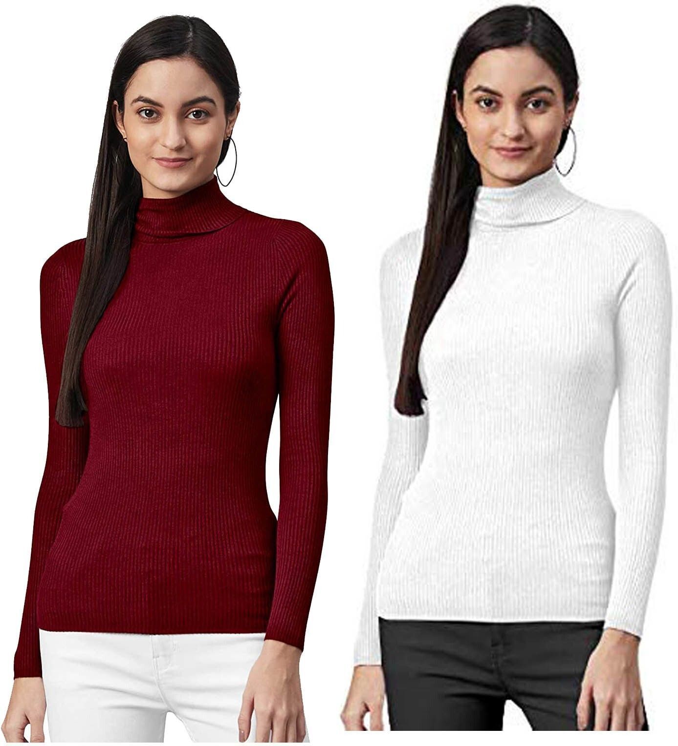 Men Solid High Neck Maroon, White Sweater-image-35