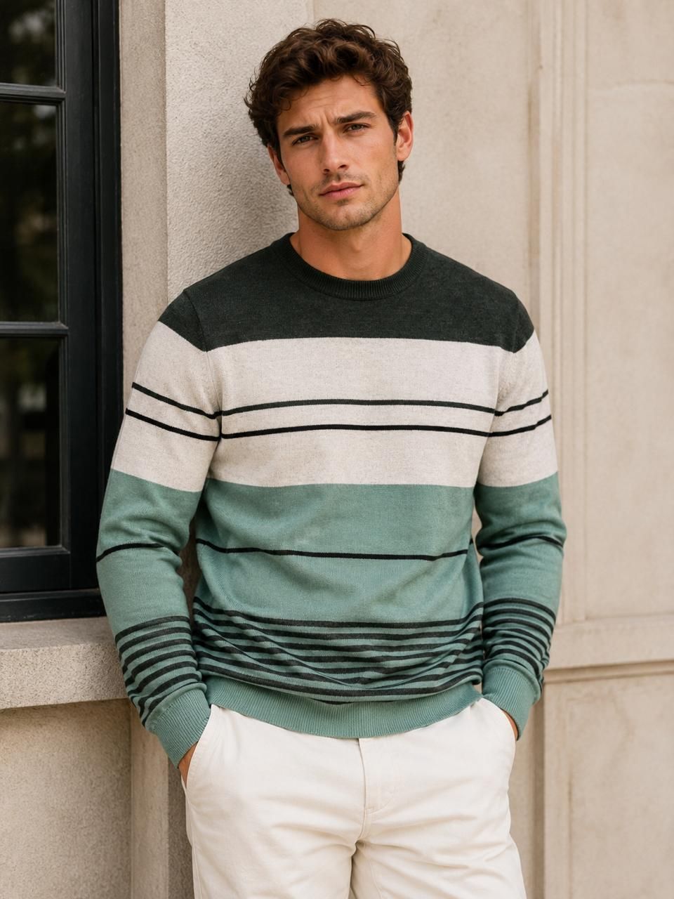 md by mathra dass Men Colorblock Crew Neck Dark Green, Beige, Light Green Sweater-picture-20