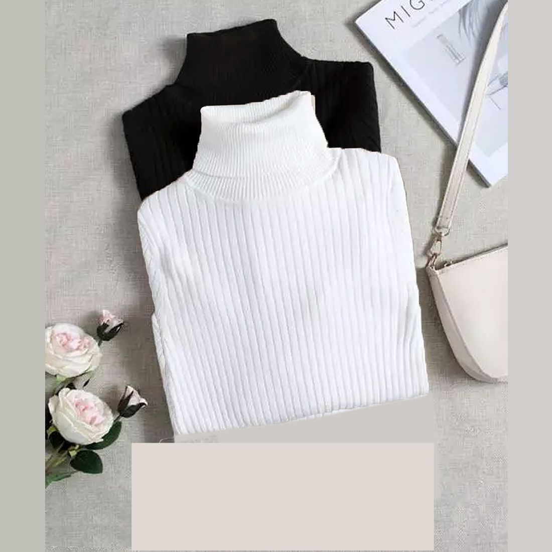 Men Solid High Neck White, Black Sweater-image-4