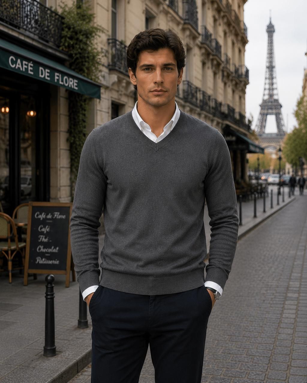md by mathra dass Men Solid V Neck Grey Sweater-picture-12