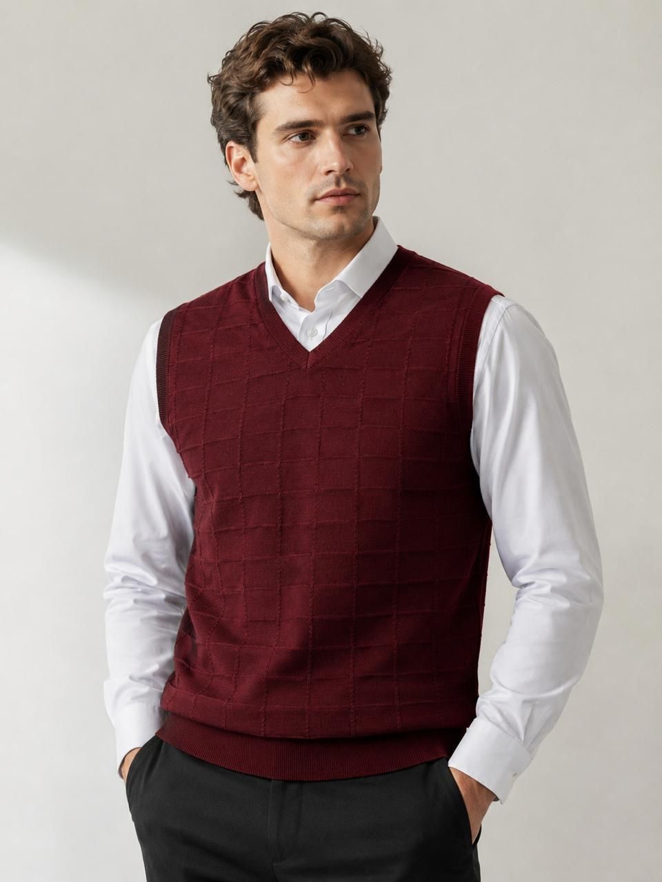 metronaut Men Self Design V Neck Maroon Sweater-picture-17