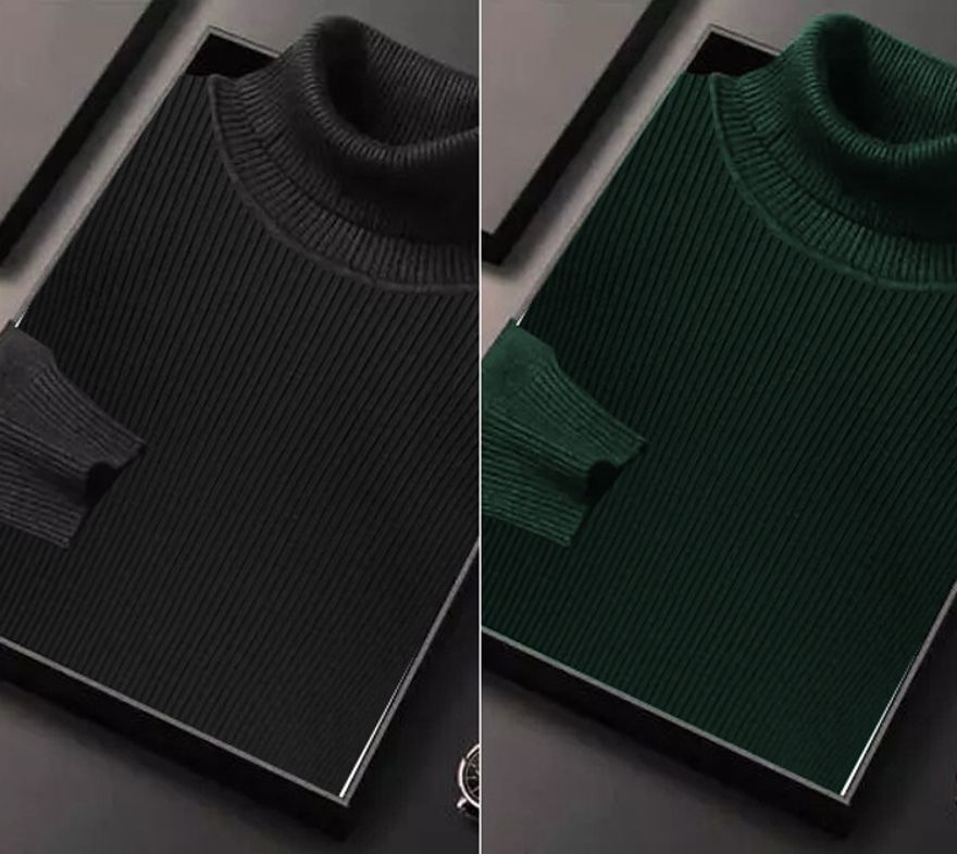 Men Solid High Neck Black, Dark Green Sweater-image-36