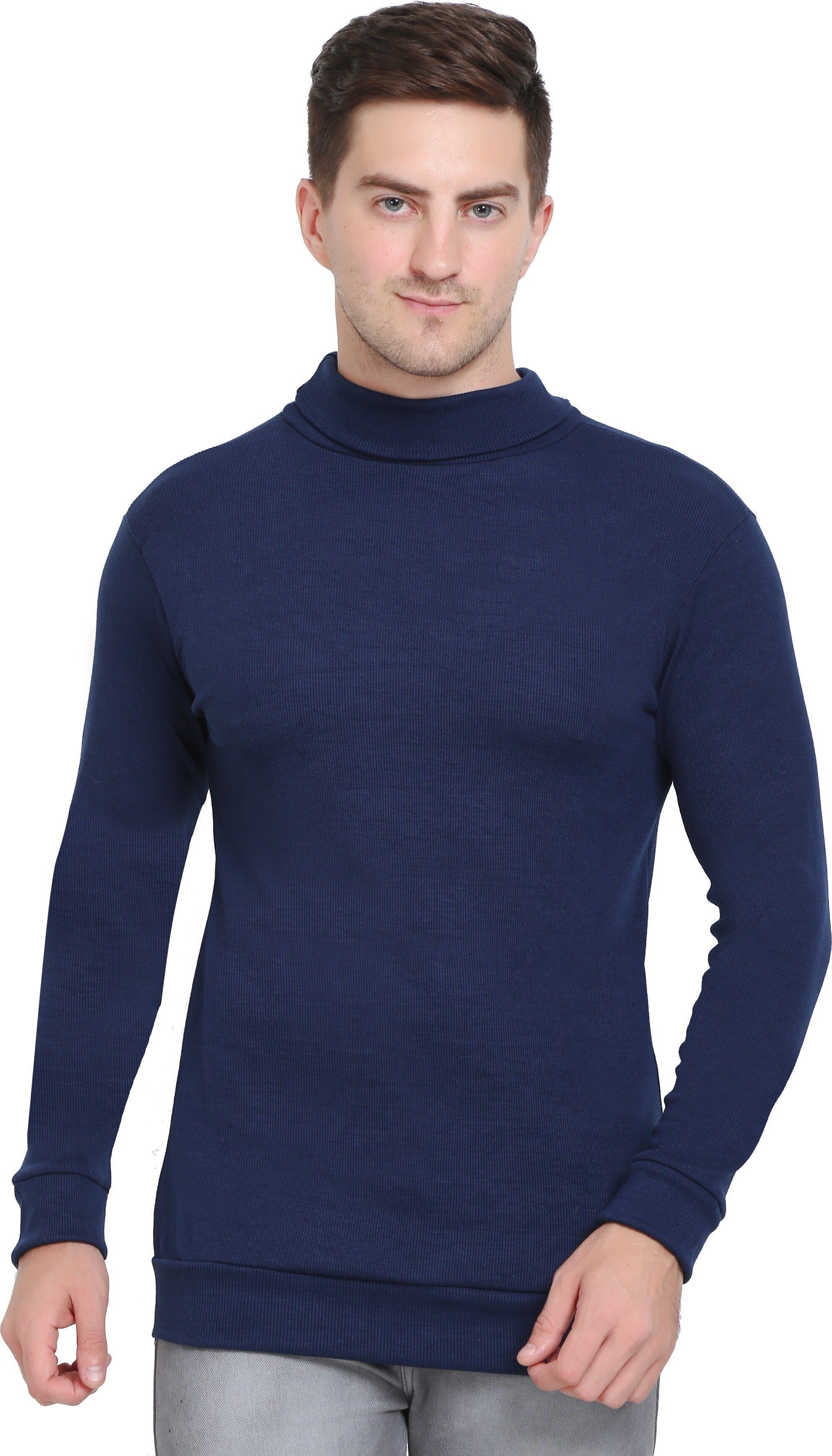 Men Solid High Neck Dark Blue Sweater-image-24