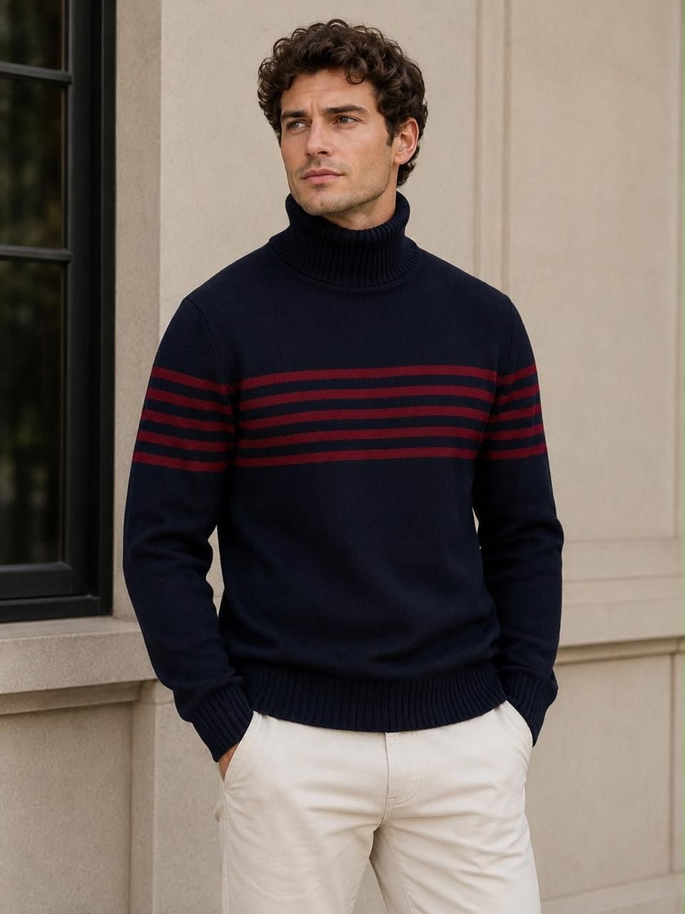 md by mathra dass Men Striped Turtle Neck Dark Blue, Red Sweater-picture-19