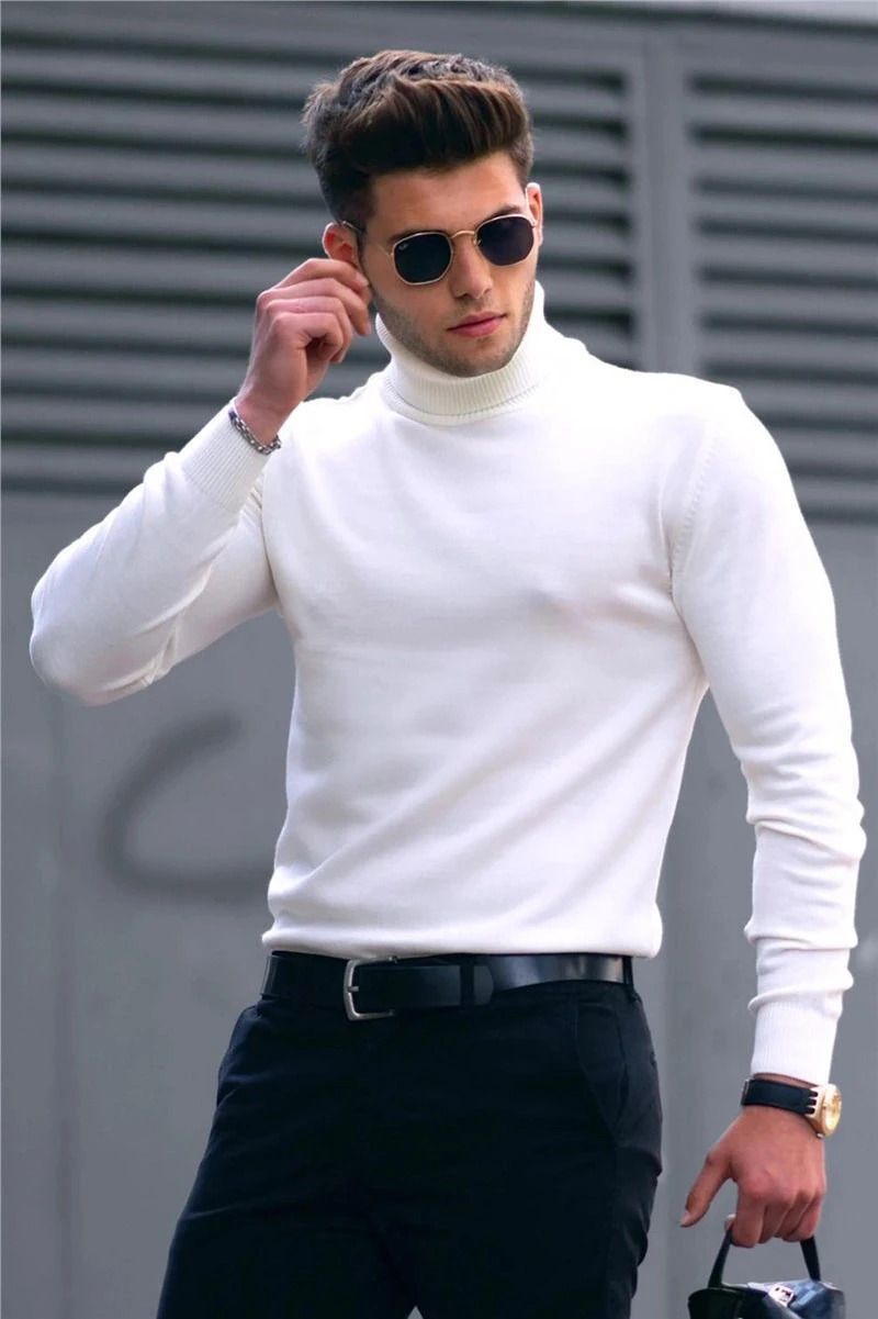 Men Solid High Neck White Sweater-image-5