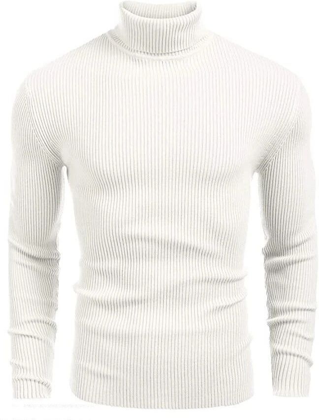 Men Solid High Neck White Sweater