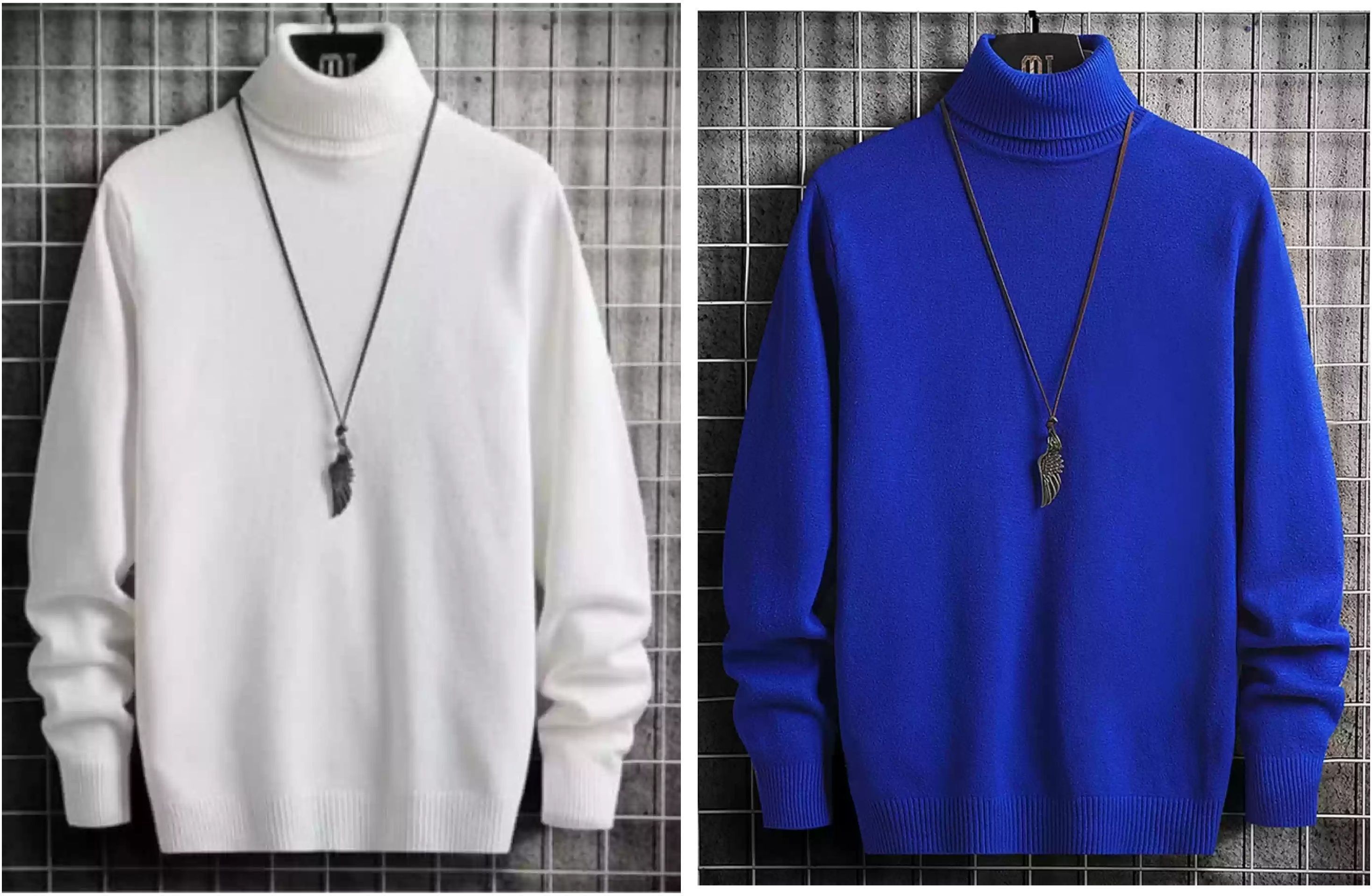 oyemad Men Solid High Neck White, Blue Sweater-picture-11
