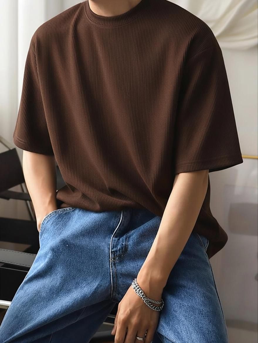 Men Self Design Round Neck Polyester Beige T-Shirt-image-27