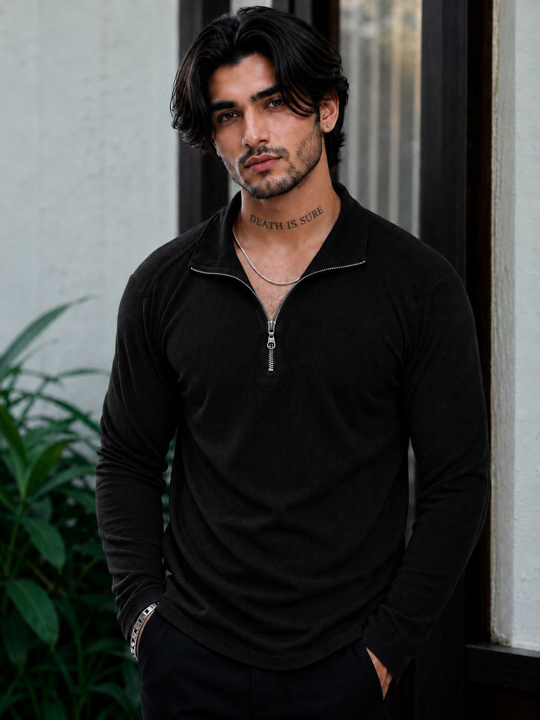 nook Men Self Design Polo Neck Cotton Blend Black T-Shirt-picture-25