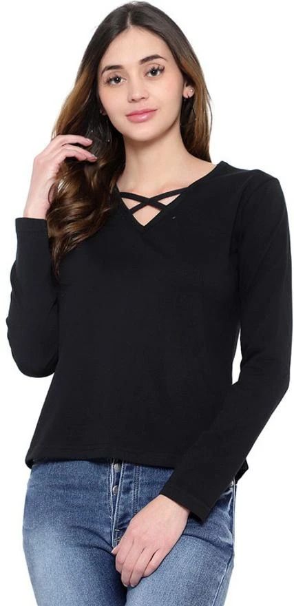 bi fashion Women Solid V Neck Cotton Blend Black T-Shirt-picture-18