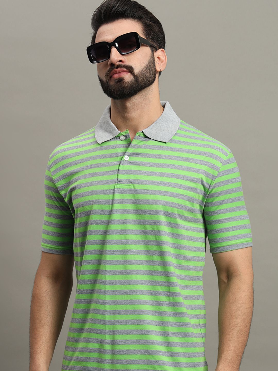 getgolf Men Striped Polo Neck Cotton Blend Green T-Shirt-picture-19