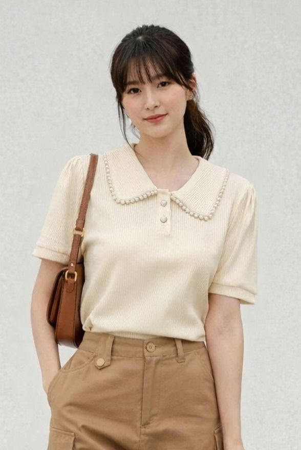 fortuita vestibus Women Solid Peter Pan Collar Polycotton Beige T-Shirt-picture-24