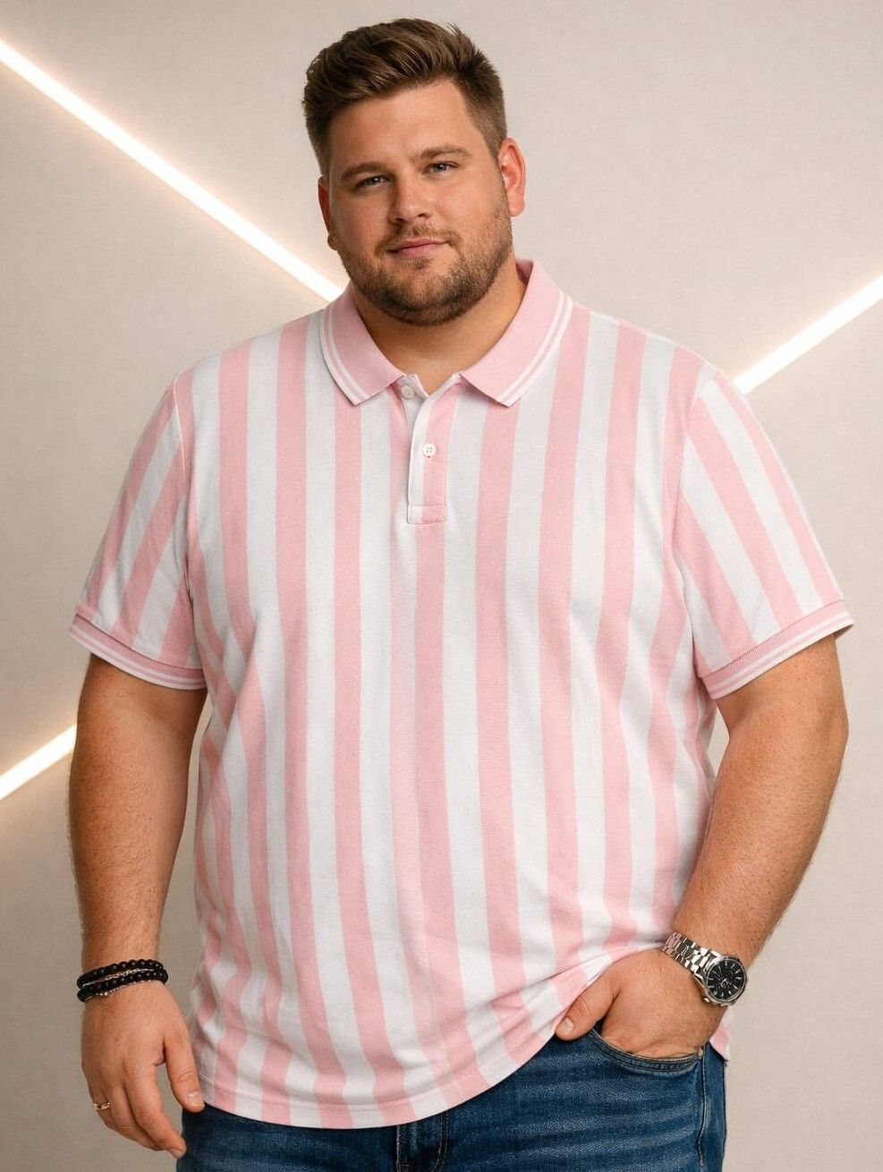 Men Striped Polo Neck Cotton Blend Pink T-Shirt-image-14