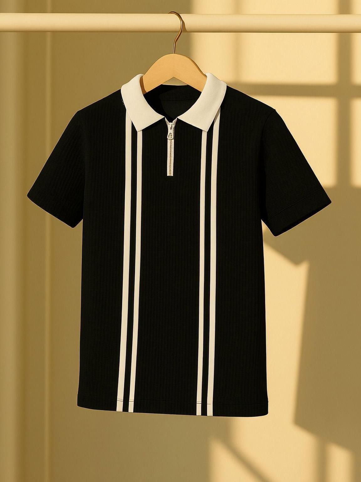 Men Striped Polo Neck Cotton Blend Black T-Shirt-image-19