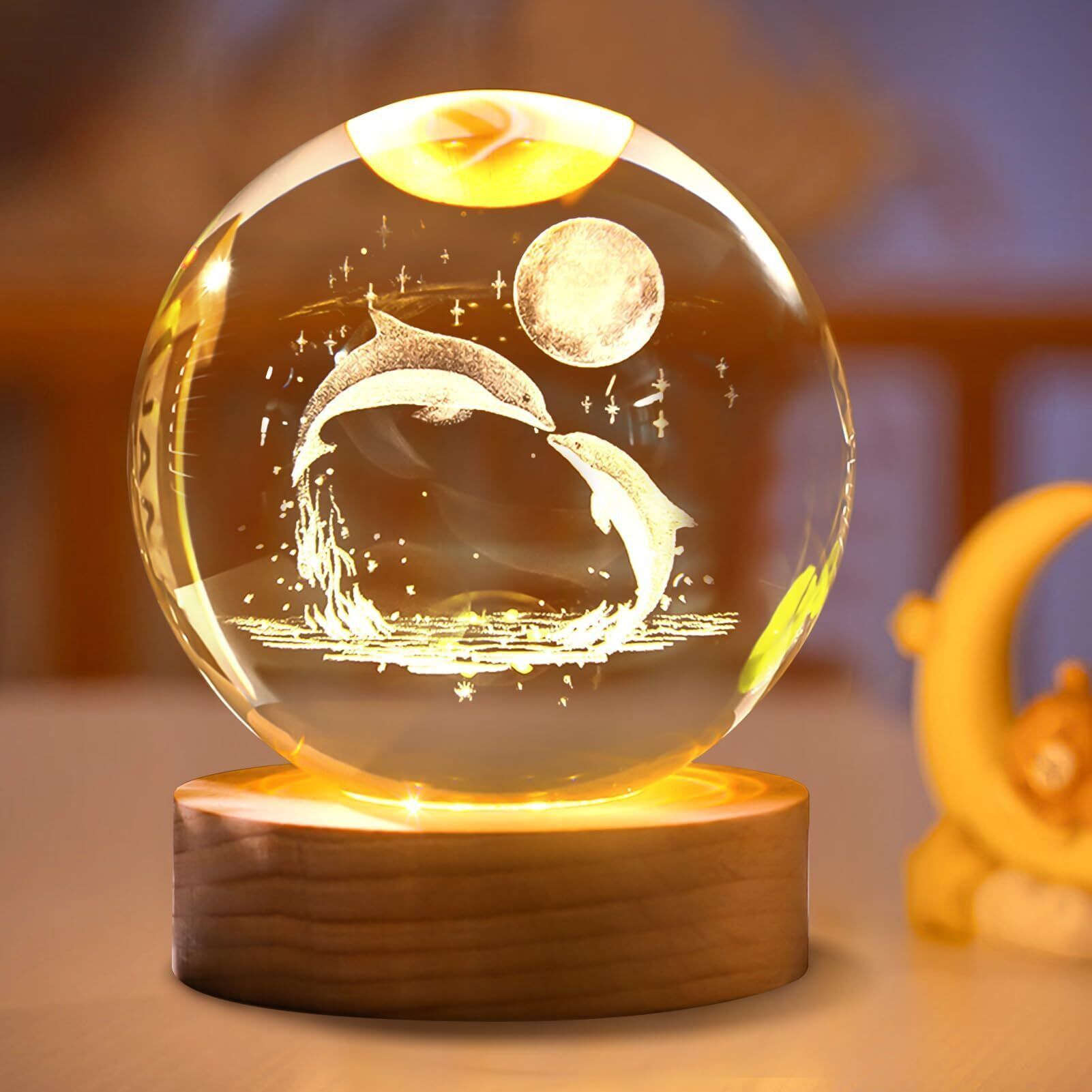 divine creations 3D Crystal Dolphin Lamp with Wooden LED Base - Perfect for your Home or Office Night Lamp-picture-12