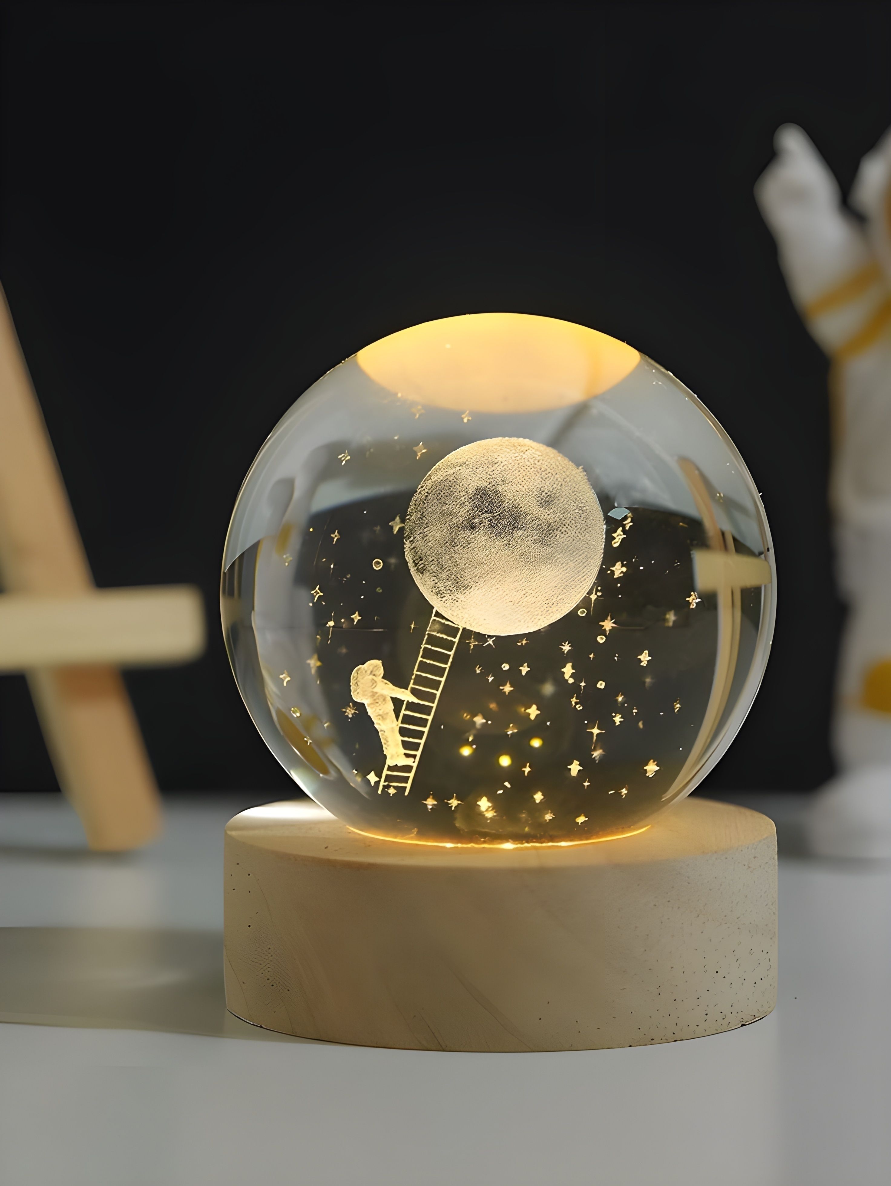 3D Crystal Ball Lamp | Night Light with Wooden Base | Moon Landing Style Table Lamp-image-16