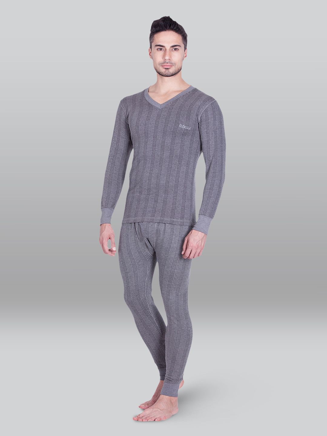 LUX INFERNO Charcoal Melange Full Sleeves V- Neck Men Top - Pyjama Set Thermal