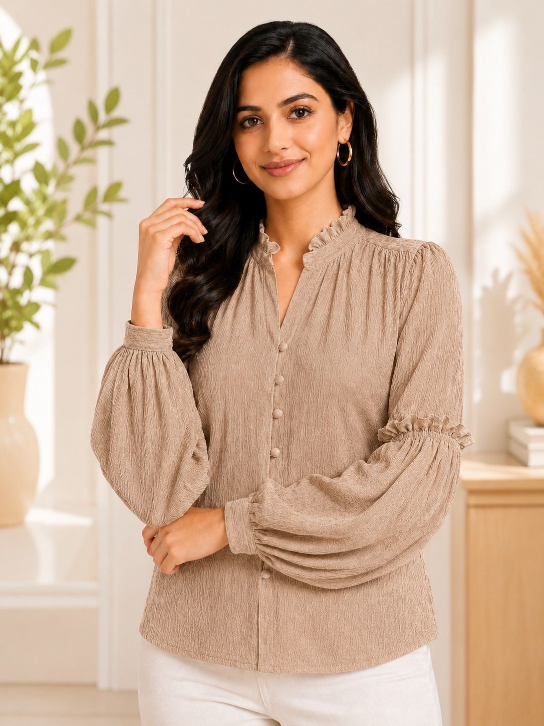 Party Ruffled Sleeves Self Design Women Brown Top-image-41