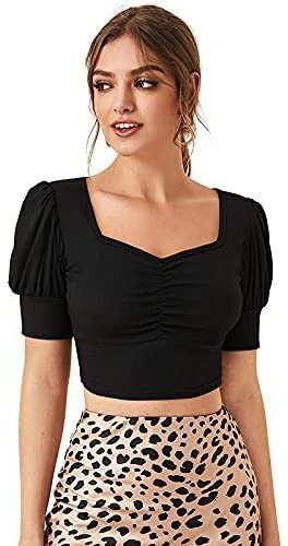 Casual Puff Sleeves Solid Women Black Top-image-8