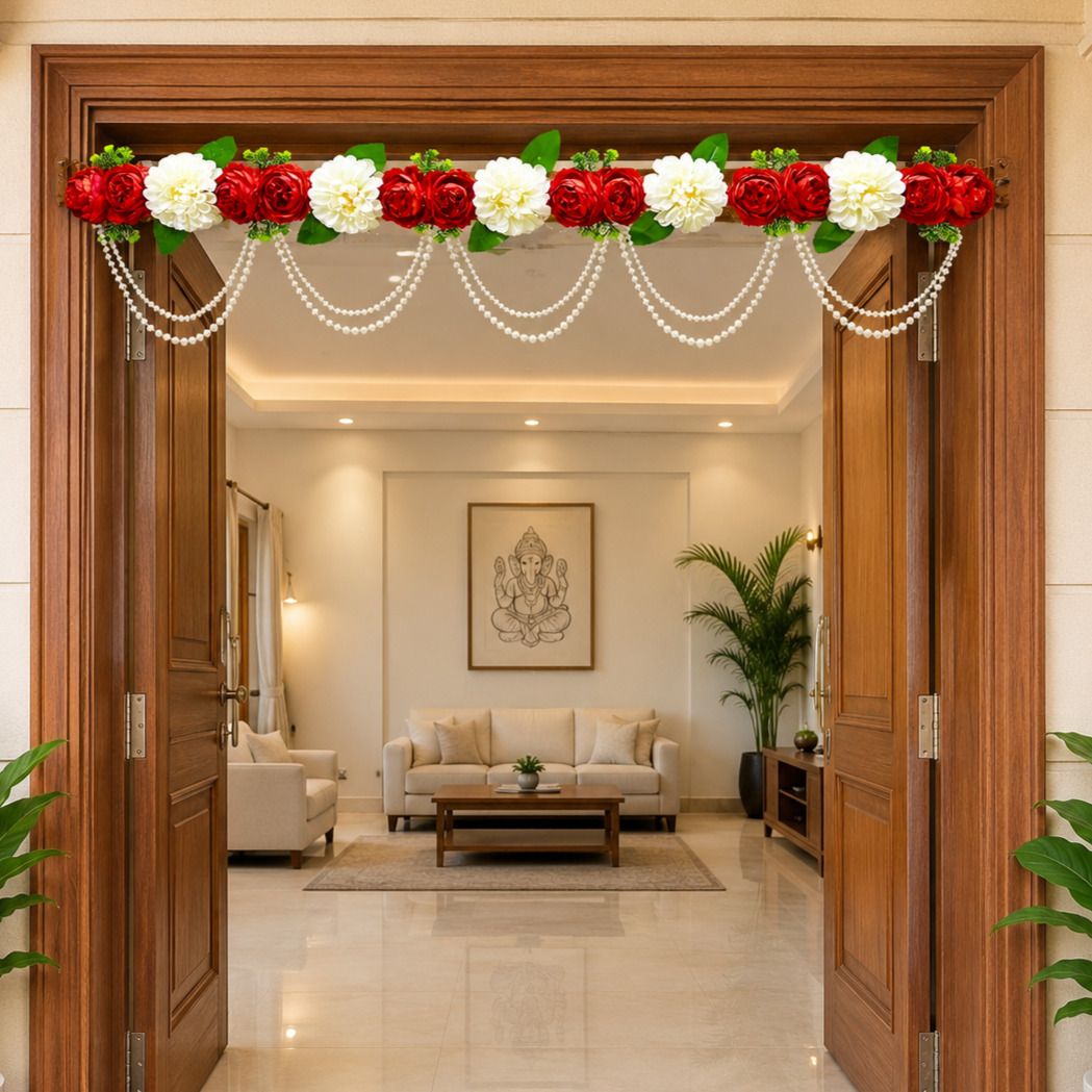 craft shop india Scarlet Rose & Ivory Toran with Pearl Swags for Main Door Decor | 40 Inch Toran-picture-12